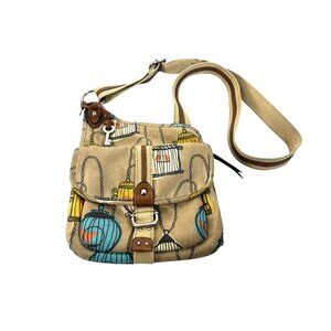 Fossil Key-Per Birdcage Messenger Leathe/Cotton Canvas Crossbody Bag